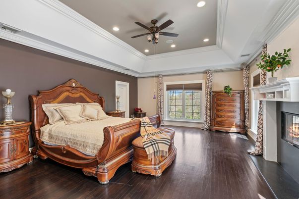 Bedroom, Fireplace, Interior, Recessed Lighting, Wood Texture Flooring