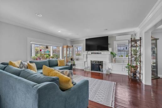 Fireplace, Interior, Living room, Recessed Lighting, Wood Texture Flooring
