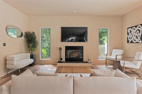 Fireplace, Interior, Living room, Recessed Lighting, Wood Texture Flooring