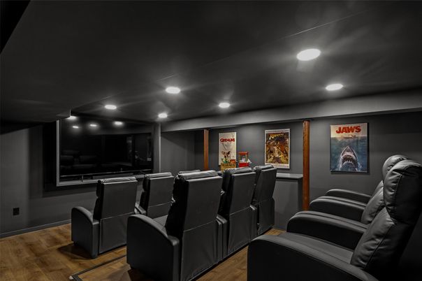 Home Theatre Room, Interior, Projection Screen, Recessed Lighting, Theatre Room, Wood Texture Flooring