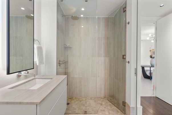Bathroom, Glass Shower, Interior, Recessed Lighting, Wood Texture Flooring