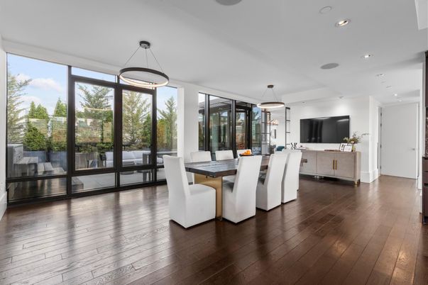 Dining room, Interior, Pendant Lights, Recessed Lighting, Wood Texture Flooring