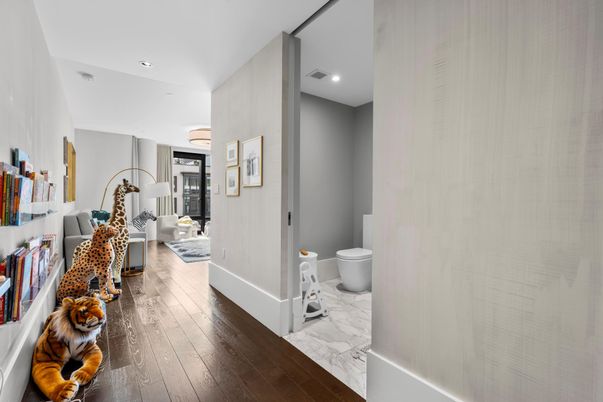 Bathroom, Interior, Marble, Recessed Lighting, Wood Texture Flooring
