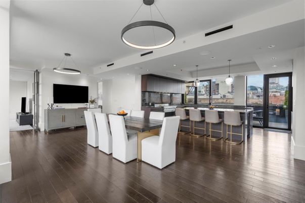Dining room, Interior, Kitchen, Pendant Lights, Recessed Lighting, Wood Texture Flooring