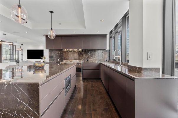 Interior, Kitchen, Pendant Lights, Recessed Lighting, Stainless Steel Appliances, Wood Texture Flooring