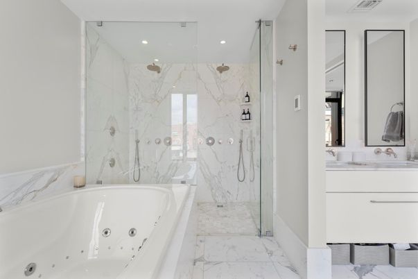 Bathroom, Glass Shower, Interior, Marble, Marble Walls, Recessed Lighting