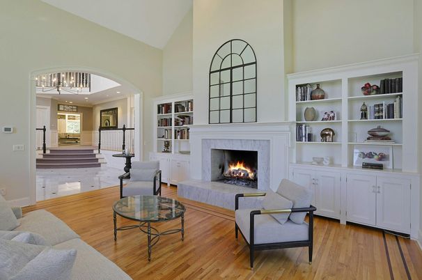 Chandelier, Fireplace, Interior, Living room, Recessed Lighting, Wood Texture Flooring
