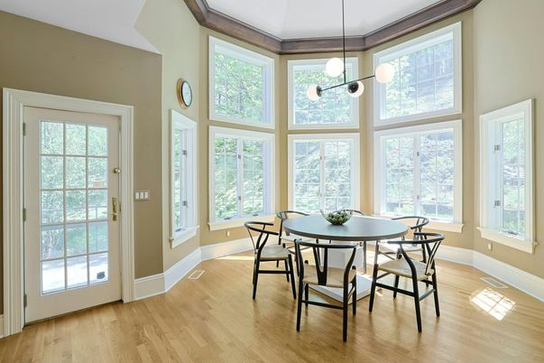 Dining room, Interior, Pendant Lights, Wood Texture Flooring