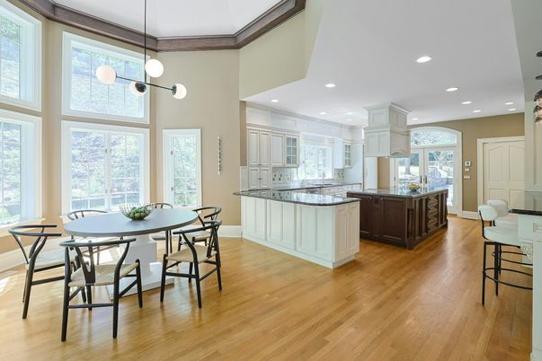 Dining room, Interior, Kitchen, Pendant Lights, Recessed Lighting, Wood Texture Flooring