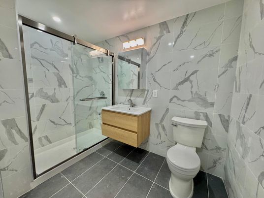 Bathroom, Glass Shower, Interior, Marble Walls, Recessed Lighting
