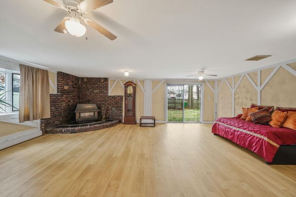 Bedroom, Fireplace, Interior, Stone Walls, Wood Texture Flooring