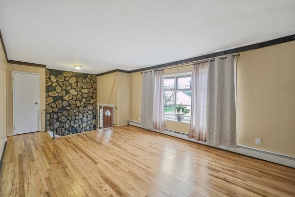 Empty room, Fireplace, Interior, Stone Walls, Wood Texture Flooring