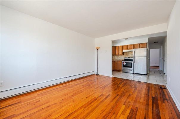 Empty room, Interior, Kitchen, Stainless Steel Appliances, Wood Texture Flooring
