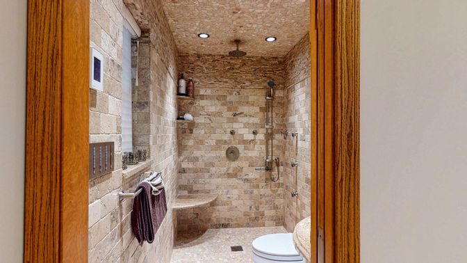 Bathroom, Interior, Recessed Lighting, Stone Walls