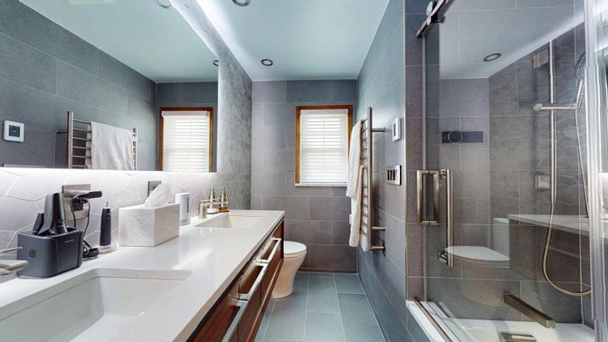 Bathroom, Dual Sink Vanities, Glass Shower, Interior, Recessed Lighting