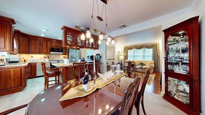 Dining room, Interior, Kitchen, Living room, Pendant Lights, Recessed Lighting, Wood Texture Flooring