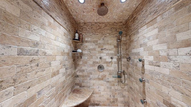 Bathroom, Interior, Recessed Lighting, Stone Walls