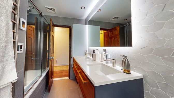 Bathroom, Dual Sink Vanities, Glass Shower, Interior, Recessed Lighting