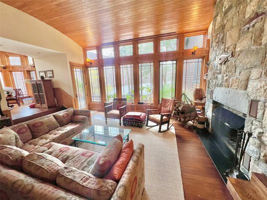 Fireplace, Interior, Living room, Stone Walls, Wooden Ceilings, Wood Texture Flooring