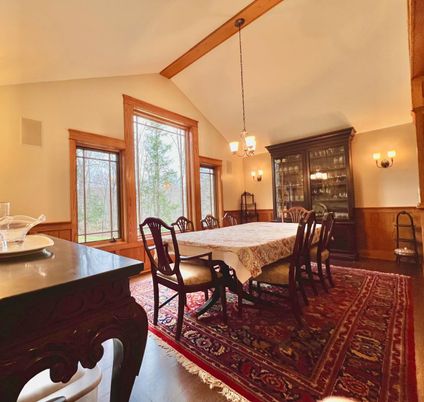 Dining room, Interior, Pendant Lights, Wooden Beams, Wood Texture Flooring
