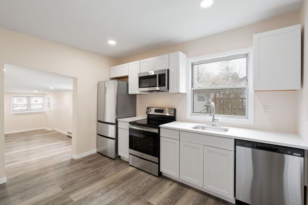 Interior, Kitchen, Recessed Lighting, Stainless Steel Appliances, Wood Texture Flooring