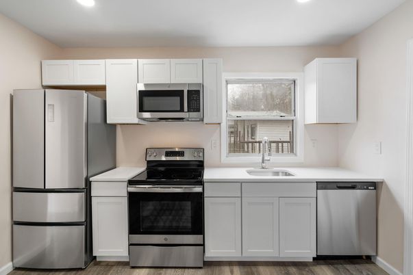 Interior, Kitchen, Recessed Lighting, Stainless Steel Appliances, Wood Texture Flooring