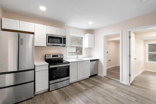 Interior, Kitchen, Recessed Lighting, Stainless Steel Appliances, Wood Texture Flooring