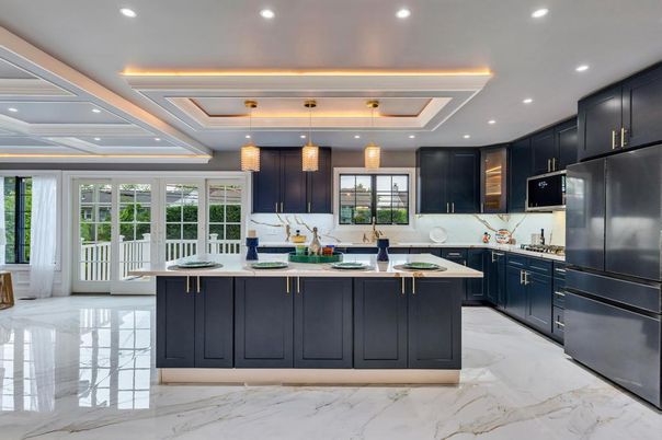Interior, Kitchen, Marble, Pendant Lights, Recessed Lighting, Stainless Steel Appliances