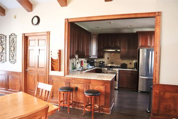 Interior, Kitchen, Recessed Lighting, Stainless Steel Appliances, Wooden Beams, Wood Texture Flooring
