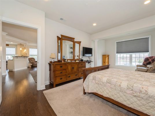 Bedroom, Interior, Pendant Lights, Recessed Lighting, Wood Texture Flooring