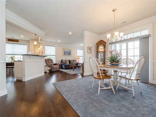 Chandelier, Dining room, Interior, Kitchen, Living room, Pendant Lights, Recessed Lighting, Wood Texture Flooring
