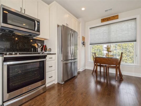 Dining room, Interior, Kitchen, Recessed Lighting, Stainless Steel Appliances, Wood Texture Flooring