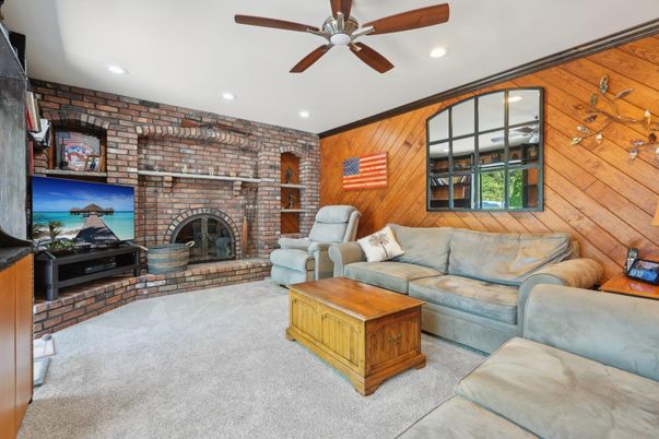 Fireplace, Interior, Living room, Recessed Lighting, Stone Walls, Wooden Walls