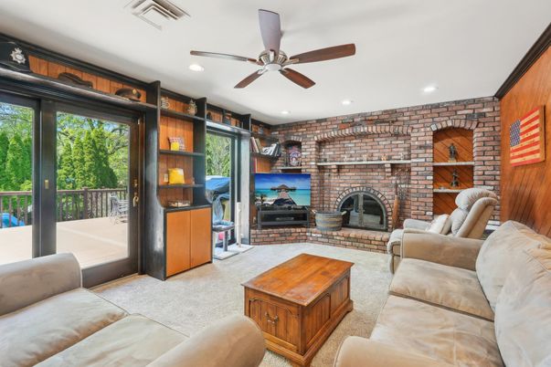 Fireplace, Interior, Living room, Recessed Lighting, Stone Walls