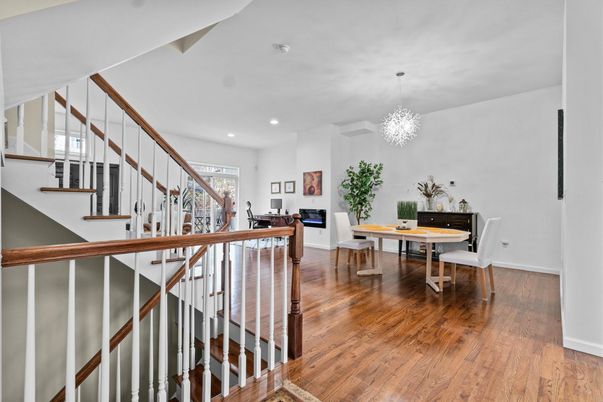 Chandelier, Dining room, Interior, Recessed Lighting, Wood Texture Flooring