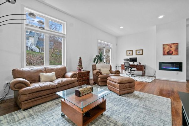 Fireplace, Home Office, Interior, Living room, Recessed Lighting, Wood Texture Flooring
