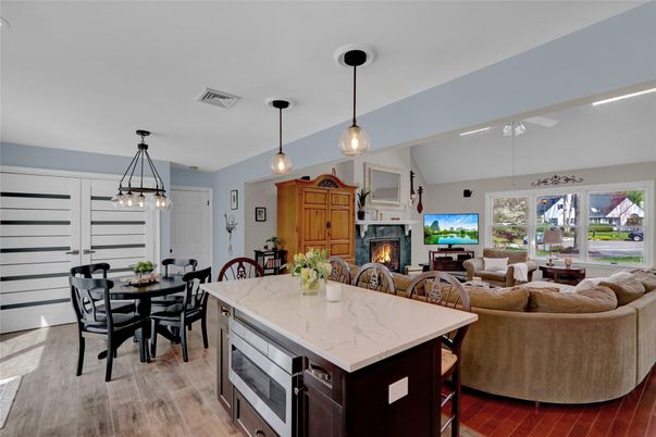 Dining room, Fireplace, Interior, Living room, Pendant Lights, Wood Texture Flooring