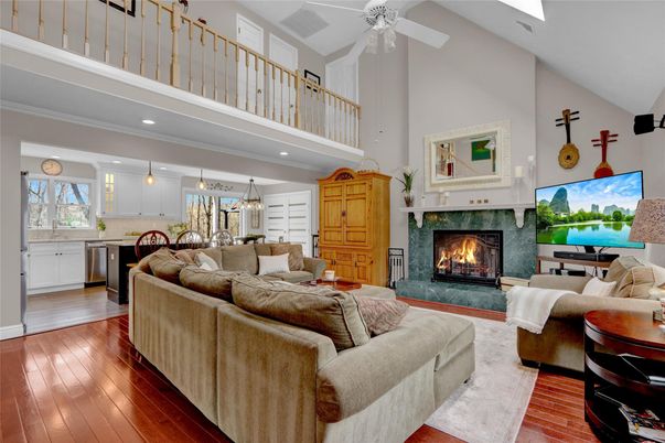Dining room, Fireplace, Interior, Kitchen, Living room, Pendant Lights, Recessed Lighting, Wood Texture Flooring