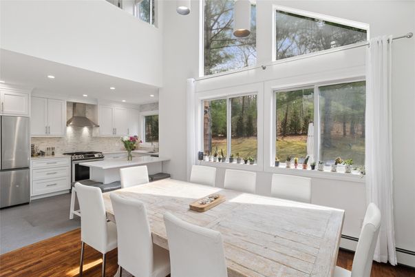 Dining room, Interior, Kitchen, Recessed Lighting, Stainless Steel Appliances, Wood Texture Flooring