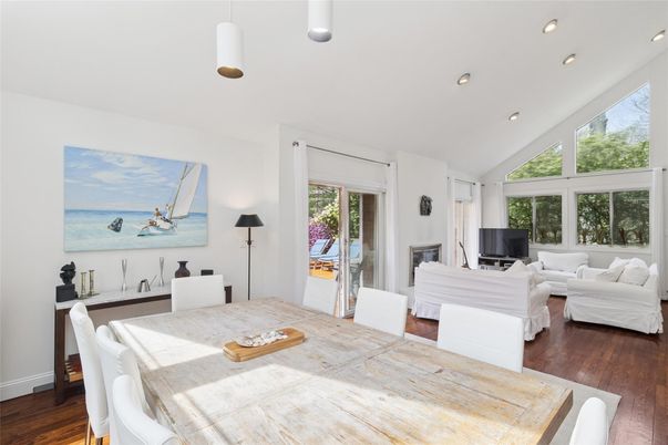 Dining room, Interior, Living room, Pendant Lights, Recessed Lighting, Wood Texture Flooring