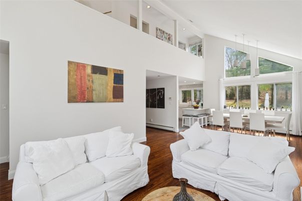 Dining room, Interior, Living room, Pendant Lights, Recessed Lighting, Wood Texture Flooring