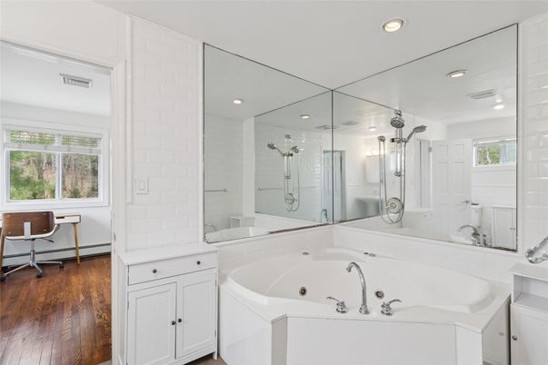 Bathroom, Glass Shower, Interior, Recessed Lighting, Wood Texture Flooring