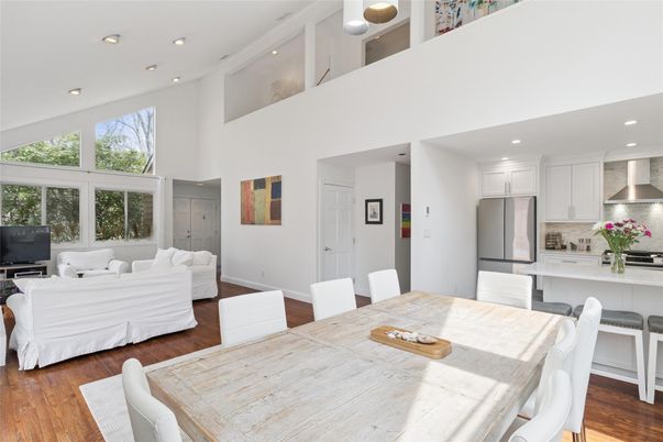 Dining room, Interior, Kitchen, Living room, Recessed Lighting, Stainless Steel Appliances, Wood Texture Flooring
