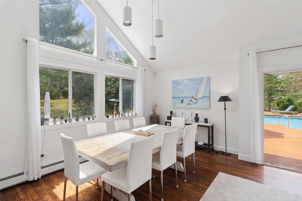 Dining room, Interior, Pendant Lights, Wood Texture Flooring