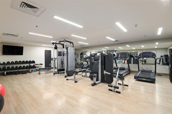 Fitness Equipment, Gym, Interior, Recessed Lighting, Wood Texture Flooring