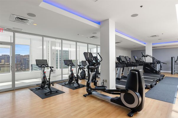 Fitness Equipment, Gym, Interior, Recessed Lighting, Wood Texture Flooring