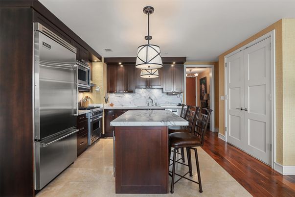 Interior, Kitchen, Pendant Lights, Recessed Lighting, Stainless Steel Appliances, Wood Texture Flooring