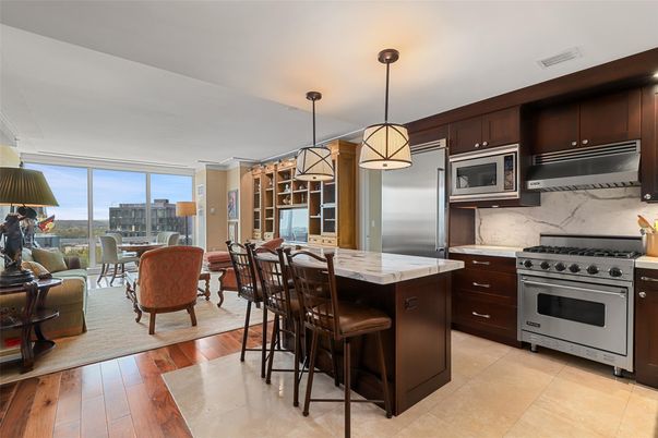 Dining room, Interior, Kitchen, Pendant Lights, Stainless Steel Appliances, Wood Texture Flooring