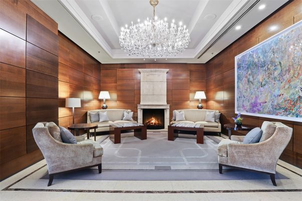 Chandelier, Fireplace, Interior, Living room, Recessed Lighting, Wood Texture Flooring, Wooden Walls