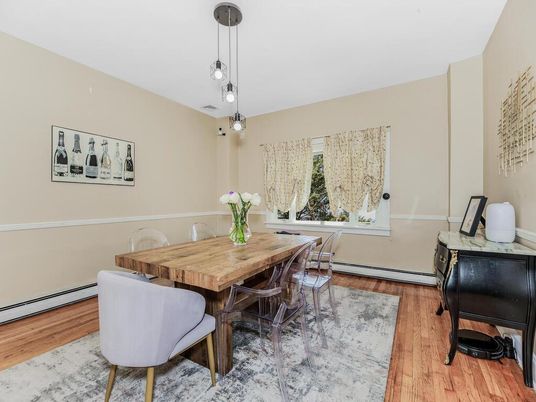 Dining room, Interior, Pendant Lights, Wood Texture Flooring
